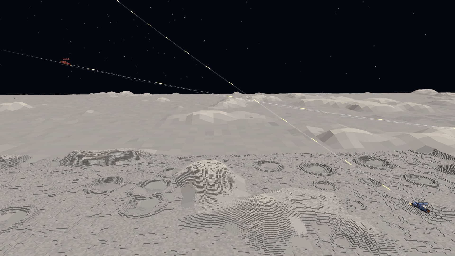 Streaks of cannon tracer crossing the black sky over the cratered gray mare, two distant spacecraft trading fire above the horizon