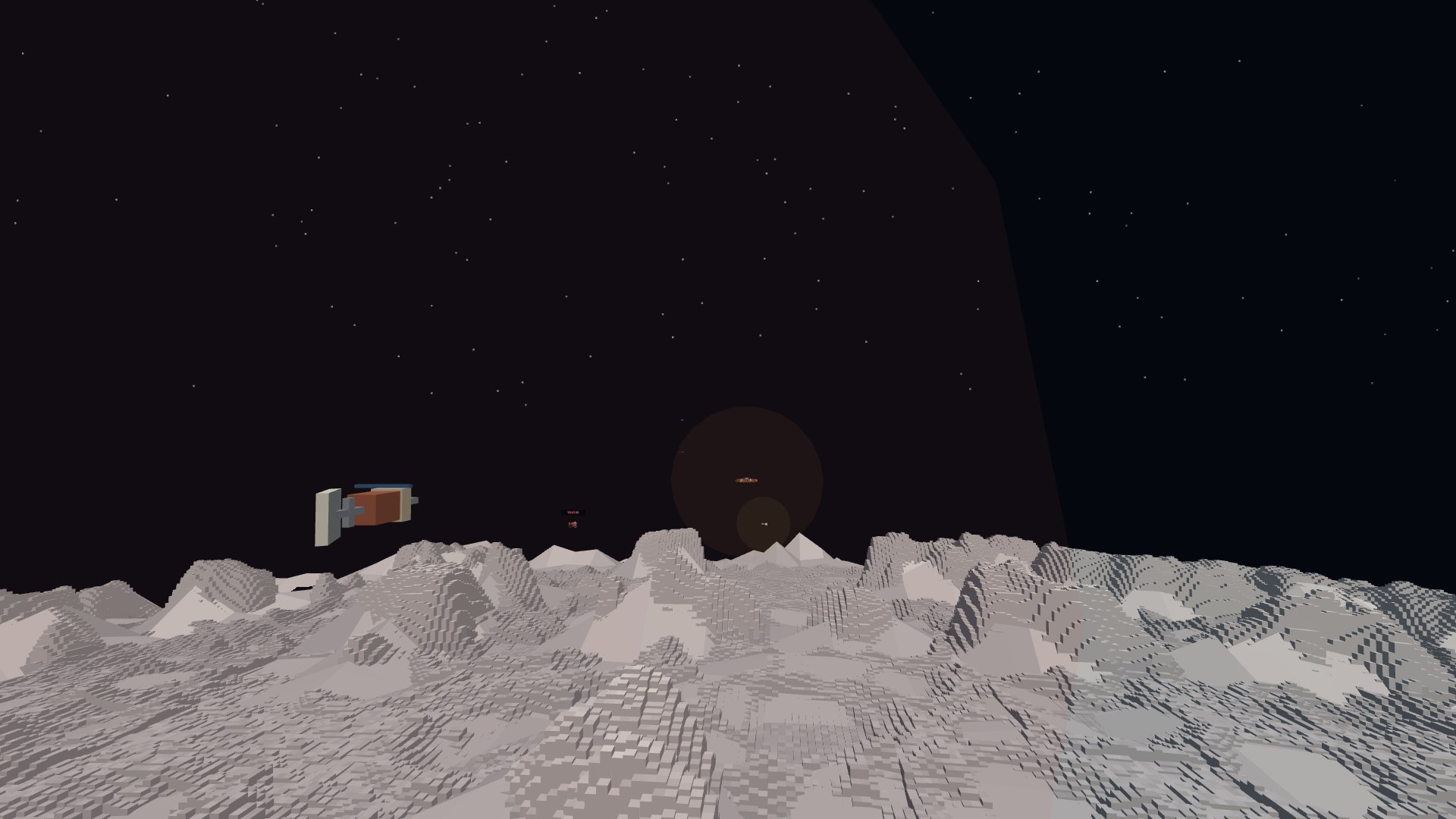 A relay outpost in the foreground — a girder spine with a brick pressure can and a dish swung out on the beam — with a blue corvette running the gap beyond it and the brick station wheel's gold capture bubble further down the same orbit, the moon's limb curving away below