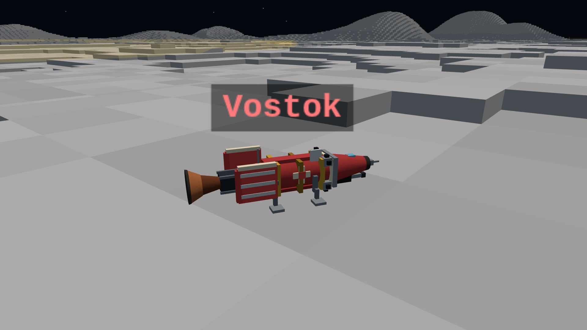 A red spacecraft standing on its landing legs on the flat gray regolith, engine bell cold, blocky hills on the horizon