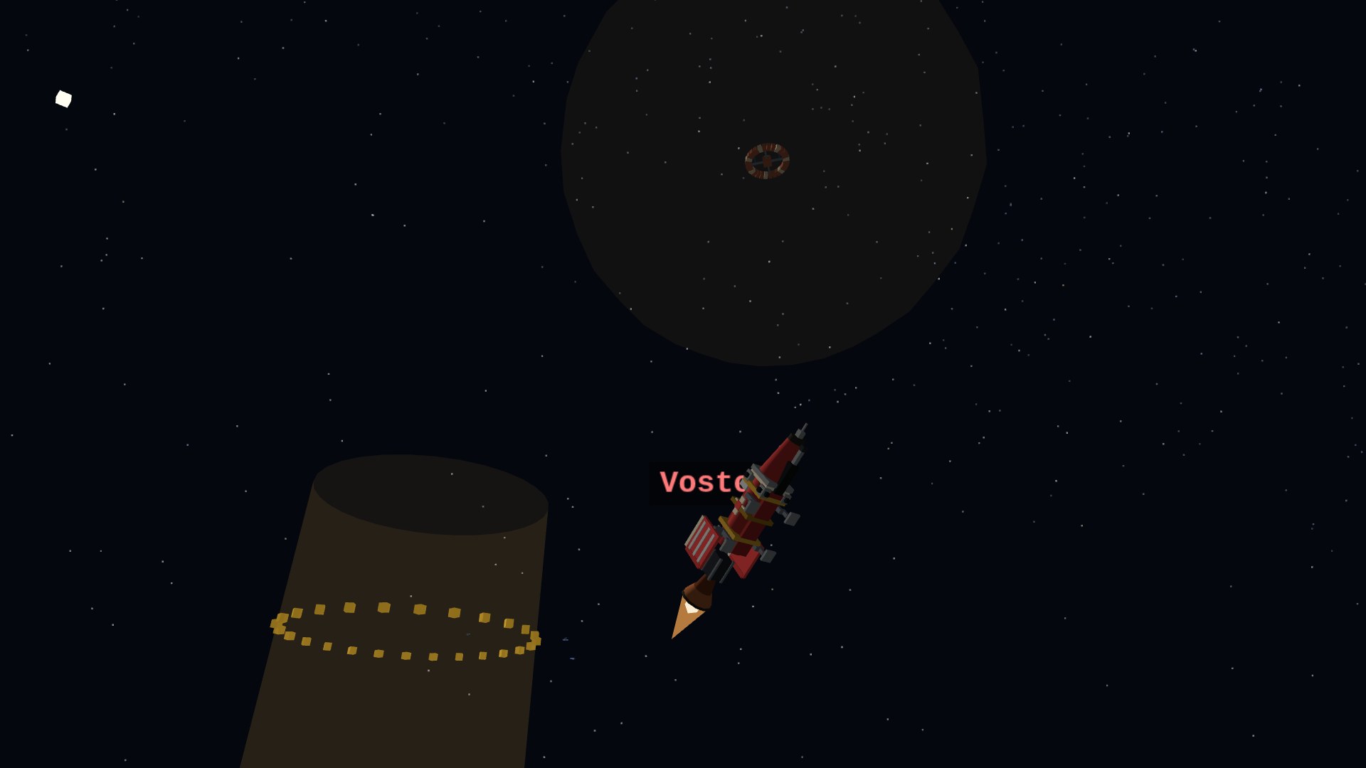 A red spacecraft burning at night above the cosmodrome's launch ring, the dark bulk of the moon behind it and the brick station wheel visible far overhead