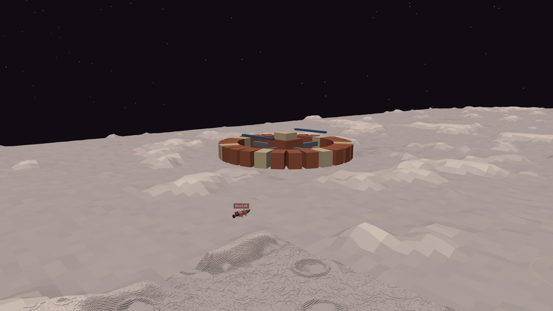 The Brick Moon station, a slow-turning wheel of brick and girders, orbiting low over the gray cratered surface